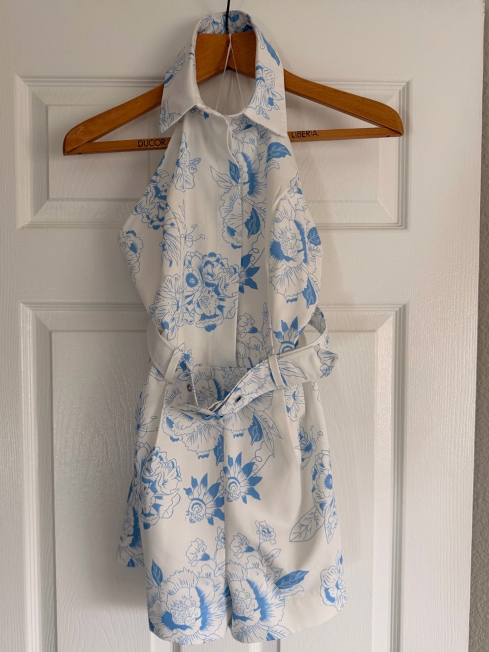 Lena White Halter Romper with Light Blue Floral Pattern